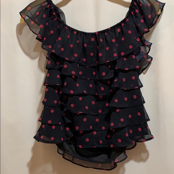 VINTAGE JEFFREY/DARA EVENING TOP RUFFLED NAVY POLKA DOT SIZE 10 - Picture 4 of 6